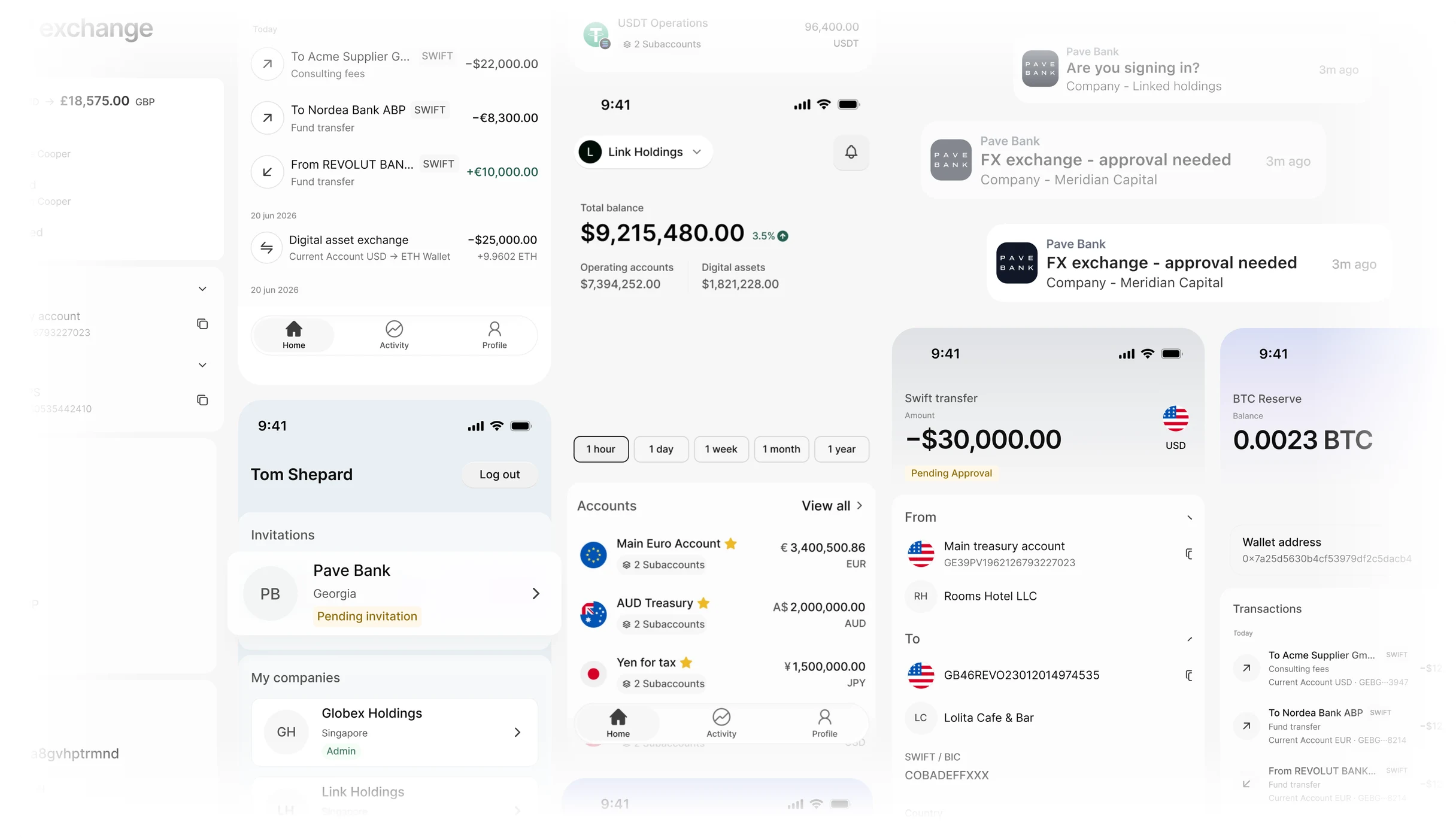 Pave Bank Mobile: activity, home, approvals and notifications