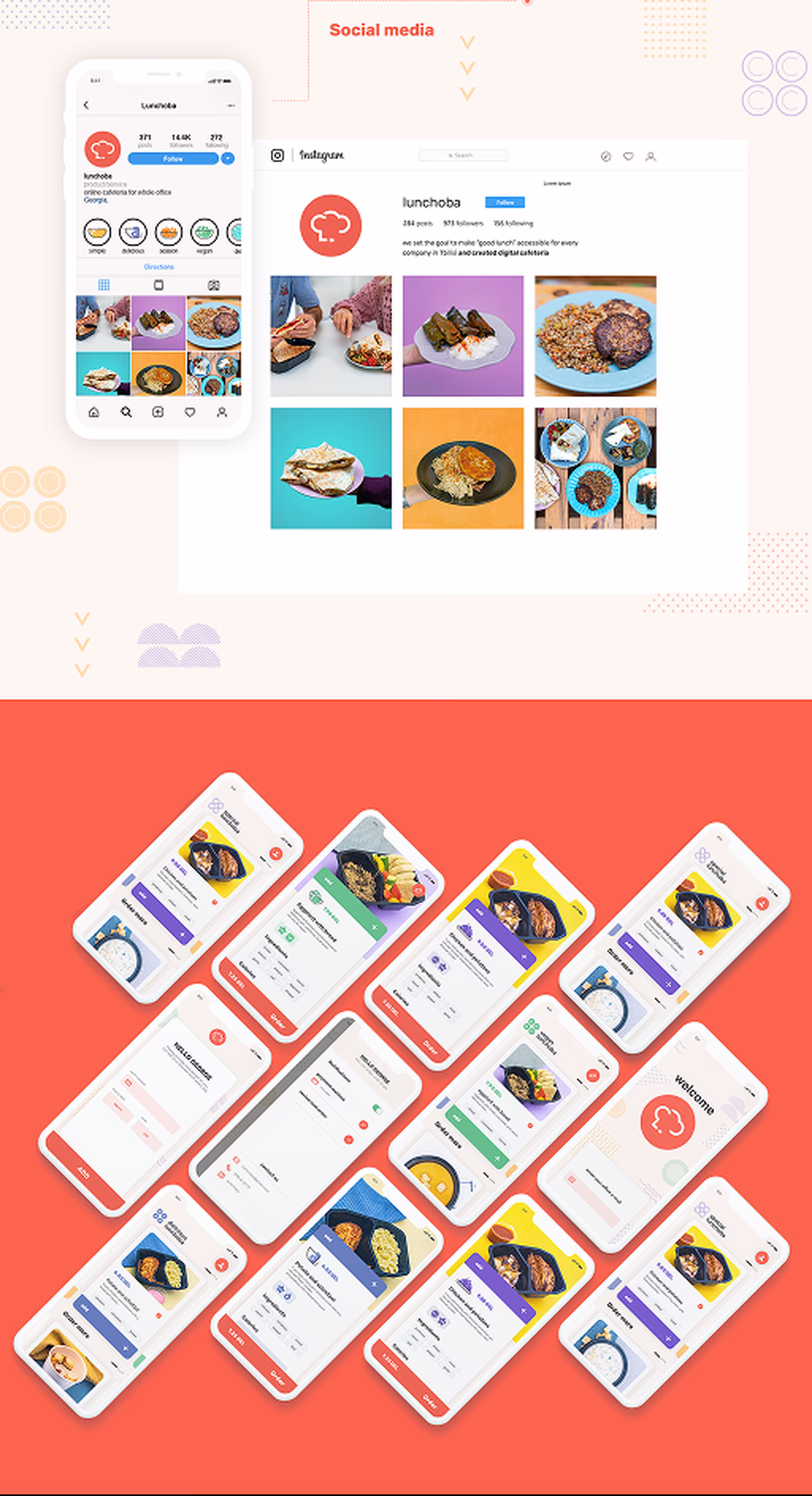 Social media: Instagram profile and feed, and a spread of app screens.